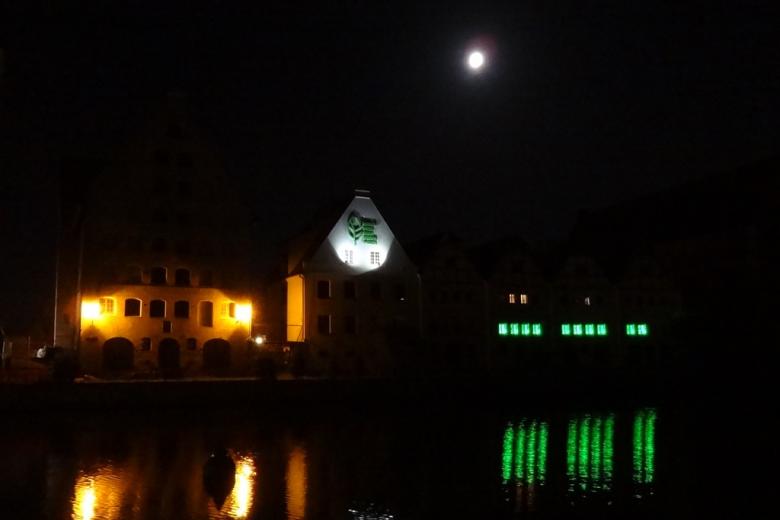 zdjęcie: w oddali widać budynek, w którym okna podświetlone są na zielono