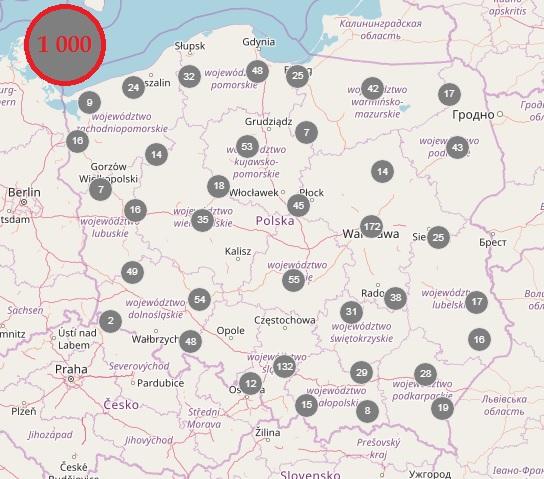 grafika: mapa Polski z zaznaczonymi punkami, w lewym górnym rogu liczba: 1000