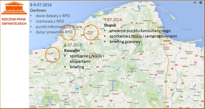 Mapa Polski z zaznaczonymi miejscami, które odwiedzi RPO: Słupsk, Koszalin, Darłowo