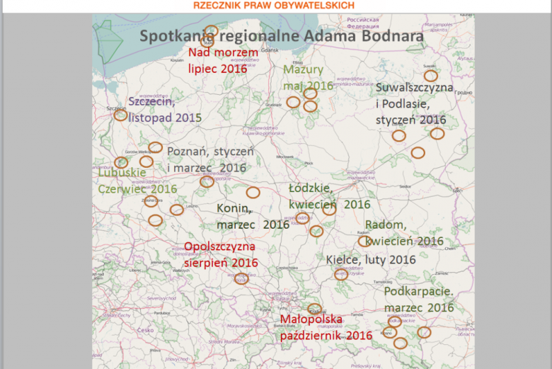 Mapa Polski z zaznaczonymi miejscami, gdzie był RPO: Szczecin, Podlasie i Suwalszczyzna, Poznań, Konin, Łódzkie, Kielce i Podkarpacie, Radom, Lubuskie, Mazury