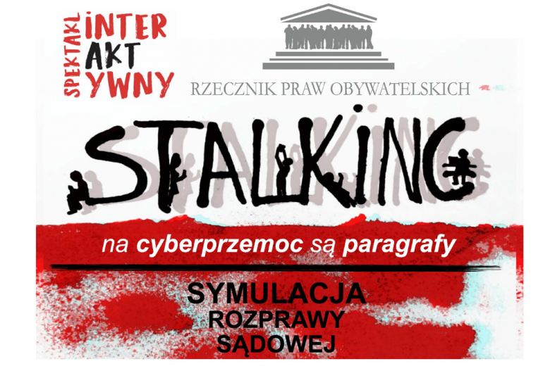 biało-czerwone tło z czarnym wyraźnym napisem Stalking  oraz szarym logo rzecznika