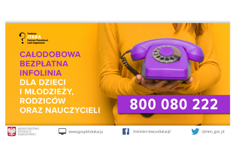 Grafika: na żółtym tle fioletowy telefon i numer 800080222