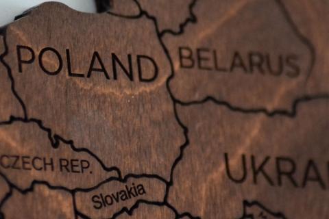 Kontury Polski i sąsiadujących krajów na brązowym tle