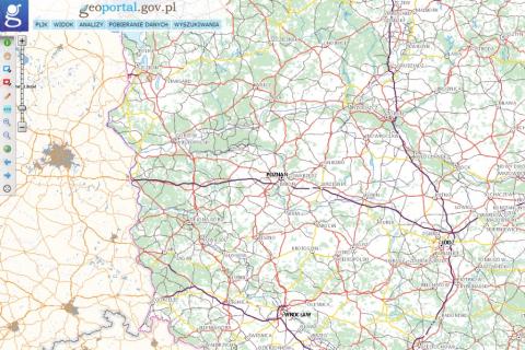 Zrzut ekranu z komputera przedstawiający fragment mapy Polski, w lewym górnym rogu widoczny napis Geoportal