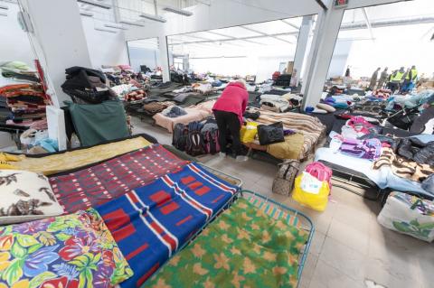 zdjęcie łóżek polowych w hali tymczasowego pobytu uchodźców 