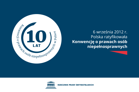Plansza z tekstem "6 września 2012 r. Polska ratyfikowała Konwencję o prawach osób niepełnosprawnych - 10 lat Konwencji o prawach osób niepełnosprawnych w Polsce"