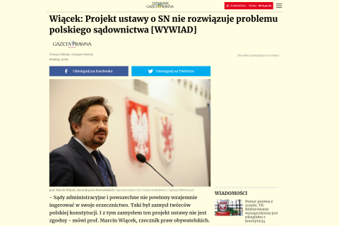 Zrzut ekranu ze strony internetowej Dziennika Gazety Prawnej z wywiadem z RPO Marcinem Wiąckiem