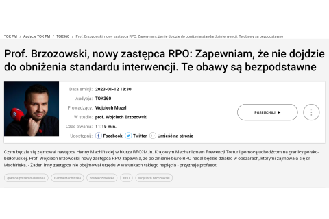 Zrzut ekranu ze strony radia Tok FM przedstawiający podcast z udziałem Wojciecha Brzozowskiego