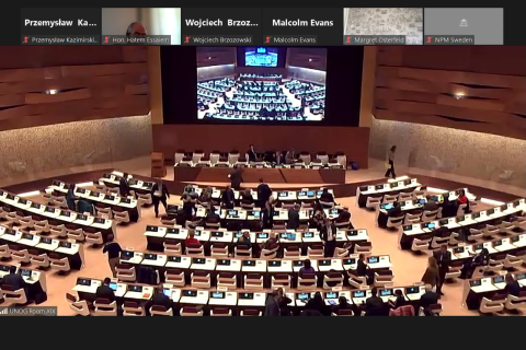 Zrzut ekranu z programu do komunikowania na odległość z widokiem na salę plenarną