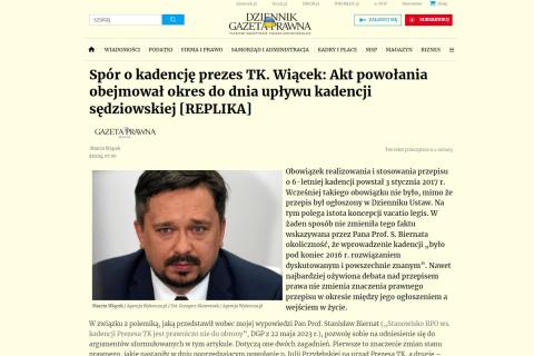 Zrzut ekranu ze strony internetowej gazety prawnej z artykułem RPO Marcina Wiącka