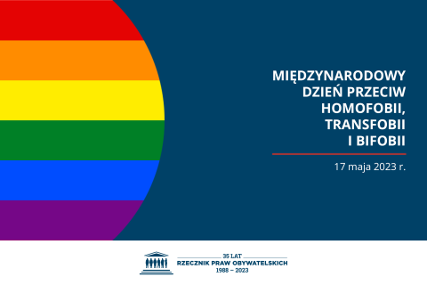 Plansza z tekstem "Międzynarodowy Dzień Przeciw Homofobii, Transfobii i Bifobii, 17 maja 2023 r." z grafiką z kolorami tęczy
