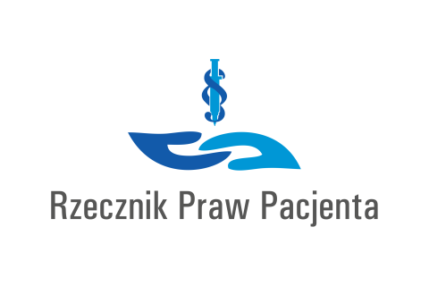 Logo Rzecznika Praw Pacjenta, przedstawiające trzymające się dłonie i strzykawkę wplecioną w symbol paragrafu