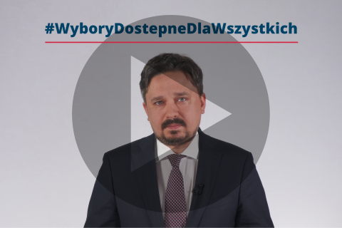 Plansza przedstawiająca RPO Marcina Wiącka, tekst "#wyborydostepnedlawszystkich" i symbol odtwarzania - trójkąt w kole