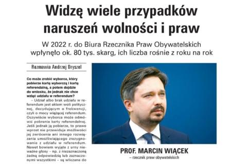 Wycinek strony gazety ze zdjęciem RPO Marcina Wiącka i tytułem "Widzę wiele przypadków naruszeń wolności i praw"