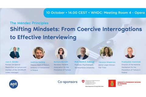 Grafika ulotki z tytułem panelu "Shifting mindsets: from coercive interrogations to effective interviewing", poniżej 6 owalnych zdjęć uczestników panelu wraz z podpisami