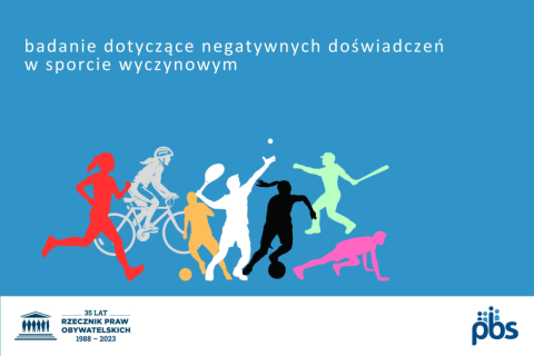 niebieska grafika z tekstem Badanie dotyczące negatywnych doświadczen  w sporcie wyczynowym" z sylwetkami biegnących ludzi 