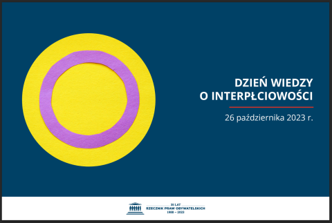 Plansza z napisem "Dzień wiedzy o interpłciowości, 26 października 2023" i grafiką filetowego okręgu na żółtym tle