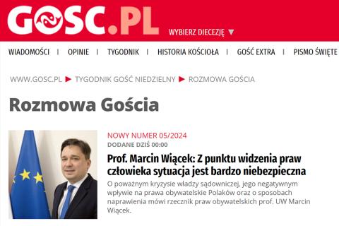 Zrzut ekranu ze strony tygodnika "Gość Niedzielny" przedstawiający link do rozmowy z Marcinem Wiąckiem.