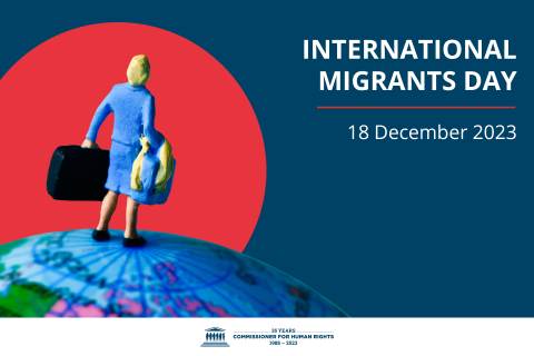 An illustration depicting a figurine of a woman standing on a globe and carrying a suitcase with a title "International Migrants Day - 18 December 2023