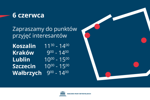 Plansza z tekstem "6 czerwca zapraszamy do punktów przyjęcia interesantów: Koszalin - 11.30-14.00 - Kraków - 9:00-14:00 - Lublin - 10:00-15:00 - Szczecin - 10:00-15:00 - Wałbrzych - 9:00-14:00"