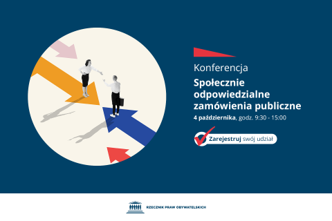 Plansza z tekstem "Konferencja - Społecznie odpowiedzialne zamówienia publiczne - 4 października, godz. 9:30-15:00 - Zarejestruj swój udział" i ilustracją przedstawiającą kobietę i mężczyznę w biznesowych strojach podających sobie dłonie