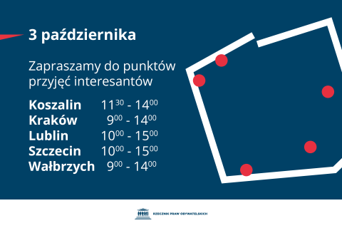 Plansza z tekstem "3 października zapraszamy do punktów przyjęcia interesantów: Koszalin - 11.30-14.00 - Kraków - 9:00-14:00 - Lublin - 10:00-15:00 - Szczecin - 10:00-15:00 - Wałbrzych - 9:00-14:00"