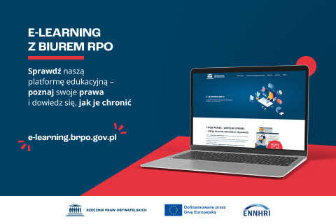 Plansza z tekstem "E-learning z biurem RPO: Sprawdź naszą platformę edukacyjną - poznaj swoje prawa i dowiedz się, jak je chronić - e-learning.brpo.gov.pl" i ilustracją przedstawiającą laptopa wyświetlającego platformę otwartą w przeglądarce