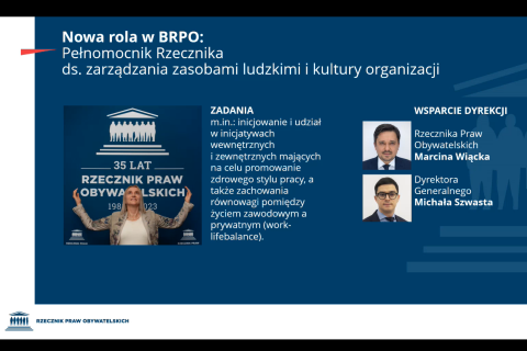 Screen slajdu z prezentacji, na górze tytuł: Nowa rola w BRPO: Pełnomocnik Rzecznika ds. zarządzania zasobami ludzkimi i kultury organizacji, poniżej po lewej zdjęcie Moniki Malinowskiej na tle logotypu RPO z okazji 35-lecia instytucji, obok tekst opisujący zadania. Po prawej tekst Wsparcie dyrekcji, poniżej zdjęcia Rzecznika Praw Obywatelskich Marcina Wiącka i Dyrektora Generalnego Michała Szwasta