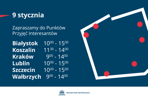 Plansza z tekstem "9 stycznia zapraszamy do Punktów Przyjęć Interesantów - Białystok 10:00-15:00 - Koszalin 11:30-14:00 - Kraków 9:00-14:00 - Lublin 10:00-15:00 - Szczecin 10:00-15:00 - Wałbrzych 9:00-14:00"