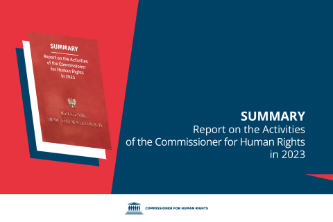 An image with a title "Summary - Report on the Activities of the Commissioner for Human Rights in 2023" and an illustration depicting the cover of the report