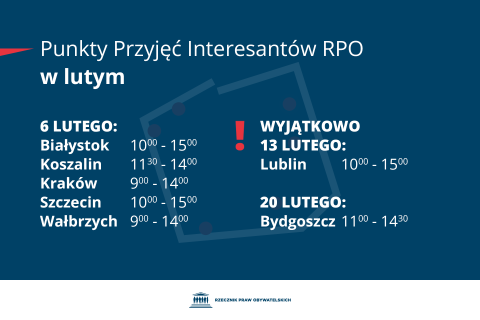 Plansza z tekstem "Punkty Przyjęć Interesantów RPO w lutym - 6 lutego - Białystok 10:00-15:00, Koszalin 11:30-14:00, Kraków 9:00-14:00, Szczecin 10:00-15:00, Wałbrzych 9:00-14:00 - Wyjątkowo 13 lutego: Lublin 10:00-15:00 - 20 lutego: Bydgoszcz 11:00-14:30"