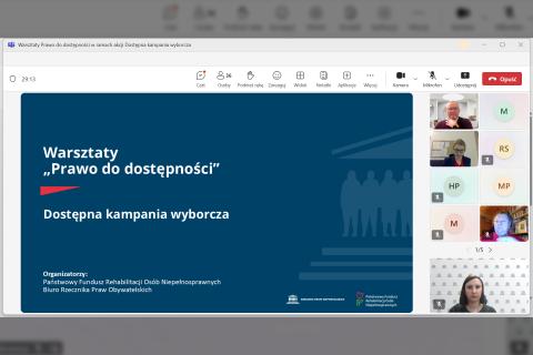 Zrzut ekranu przedstawiający spotkanie w programie Microsoft Teams. W wyróżnionym oknie wyświetlana jest prezentacja multimedialna.