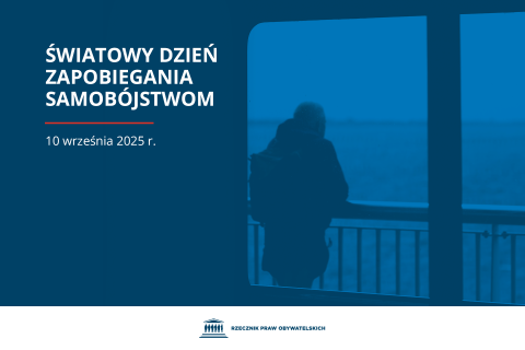 Plansza z tekstem "Światowy Dzień Zapobiegania samobójstwom - 10 września 2025 r." i ilustracją przedstawiającą zamyślonego mężczyznę patrzącego na morze z pokładu promu