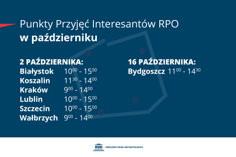 Plansza z tekstem "Punkty Przyjęć Interesantów RPO w październiku - 2 października - Białystok 10:00-15:00, Koszalin 11:30-14:00, Kraków 9:00-14:00, Lublin 10:00-15:00,  Szczecin 10:00-15:00, Wałbrzych 9:00-14:00 - 16 października: Bydgoszcz 11:00-14:30"