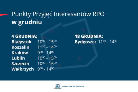 Plansza z tekstem "Punkty Przyjęć Interesantów RPO w grudniu - 4 grudnia: Białystok 10:00-15:00, Koszalin 11:30-14:00, Kraków 9:00-14:00, Lublin 10:00-15:00, Szczecin 10:00-15:00, Wałbrzych 9:00-14:00 - 18 grudnia: Bydgoszcz 11:00-14:30"