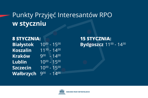 Plansza z tekstem "Punkty Przyjęć Interesantów RPO w styczniu - 8 stycznia: Białystok 10:00-15:00, Koszalin 11:30 - 14:00, Kraków 9:00-14:00, Lublin 10:00 - 15:00, Szczecin 10:00 - 15:00, Wałbrzych 9:00-14:00 - 15 stycznia: Bydgoszcz 11:00-14:30"