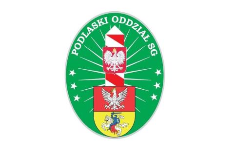 półokrągłe logo na zielonym tle z tekstem Podlaski Oddział SG i herbem z orłem i pogonią na stylizowanym słupie granicznym