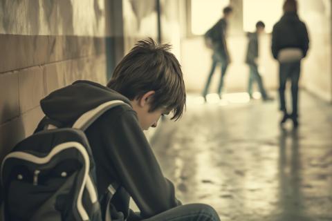 dziecko siedzi na korytarzu a kilkoro innych  w tle 