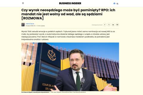 Zrzut ekranu ze strony internetowej z wywiadem RPO opatrzony zdjęciem z twarzą człowieka na tle budynku TSUE