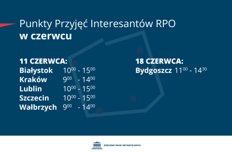 Plansza z tekstem "Punkty Przyjęć Interesantów RPO w czerwcu - 11 czerwca: Białystok 10:00-15:00, Kraków 9:00-14:00, Lublin 10:00-15:00, Szczecin 10:00-15:00, Wałbrzych 9:00-14:00 - 18 czerwca: Bydgoszcz 11:00-14:00"