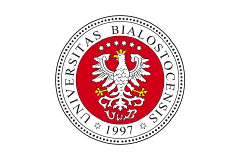 okrągłe logo ze stylizowanym białym orłem na czerwonym tle i tekstem universitas bialostocensis 1997 