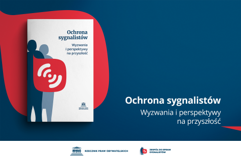 Plansza z tekstem "Publikacja - Ochrona sygnalistów - Wyzwania i perspektywy na przyszłość" i ilustracją przedstawiającą okładkę książki