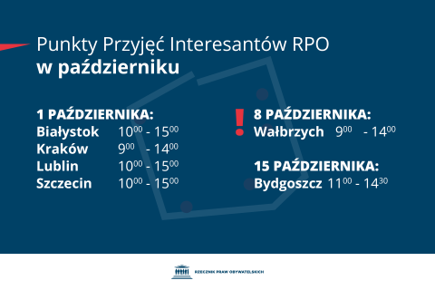 Plansza z tekstem "Punkty Przyjęć Interesantów RPO w październiku - 1 października: Białystok 10:00-15:00 Kraków 9:00-14:00, Lublin 10:00-15:00, Szczecin 10:00-15:00 - 8 października: 9:00-14:00 - 15 października: Bydgoszcz 11:00-14:30"