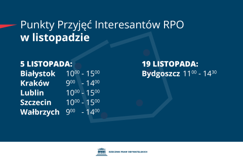 Plansza z tekstem "Punkty Przyjęć Interesantów RPO w listopadzie - 5 listopada - Białystok 10:00-15:00 - Kraków 9:00-14:00 - Lublin 10:00-15:00 Szczecin 10:00-15:00 - Wałbrzych 9:00-14:00 -19 listopada: Bydgoszcz 11:00-14:30"