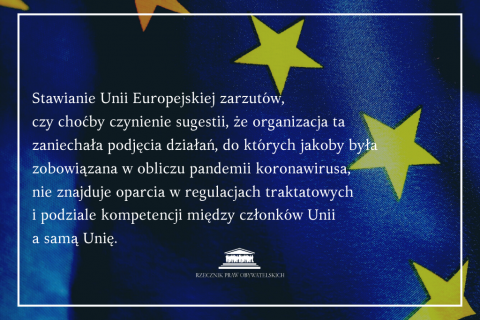 cytat z pisma RPO do premiera na tle flagi UE - o zobowiązaniach Unii względem członków