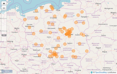 Mapa Polski z zaznaczonymi 65 miejscowościami we wszystkich województwach