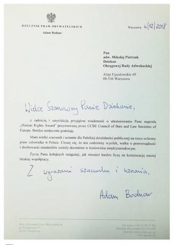 List na urzędowym papierze RPO z odręcznym nagłówkiem i podpisem