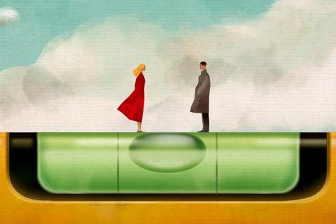 Rysunek: kobieta i mężczyzna stoją w harmonii na poziomicy - metafora równości