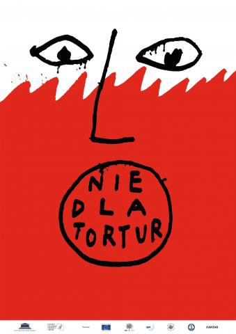 Plakat z symbolem krzyczącej biało-czerwonej twarzy "nie dla tortur"