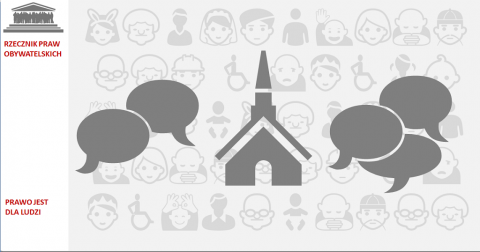 Grafika: symbole różnych opinii wokół wiejskiego kościołka